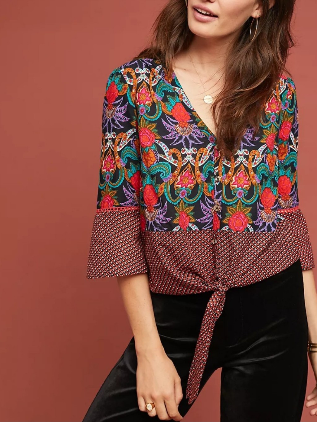 Anthropologie Maeve Carter Blouse Tie Waist Button Front Floral Polja Dot 8